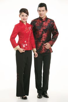 Wearing Chinese clothing waiter in front of a white background