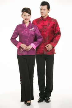 Wearing Chinese clothing waiter in front of a white background