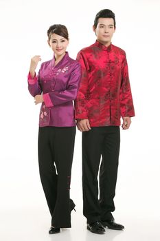 Wearing Chinese clothing waiter in front of a white background