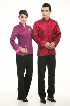 Wearing Chinese clothing waiter in front of a white background