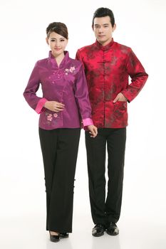 Wearing Chinese clothing waiter in front of a white background