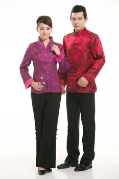 Wearing Chinese clothing waiter in front of a white background