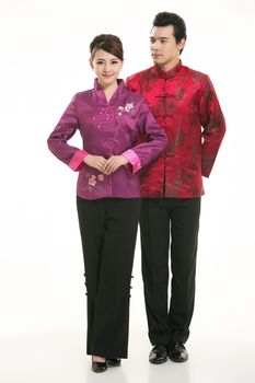 Wearing Chinese clothing waiter in front of a white background