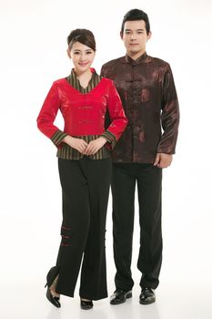 Wearing Chinese clothing waiter in front of a white background