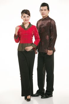 Wearing Chinese clothing waiter in front of a white background