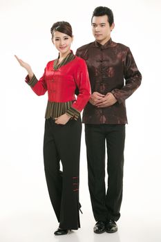 Wearing Chinese clothing waiter in front of a white background