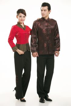 Wearing Chinese clothing waiter in front of a white background