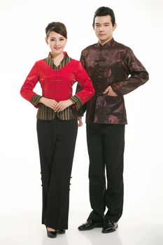 Wearing Chinese clothing waiter in front of a white background