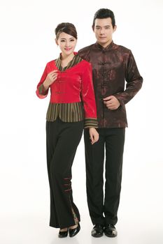 Wearing Chinese clothing waiter in front of a white background