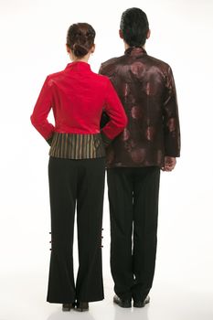 Wearing Chinese clothing waiter in front of a white background