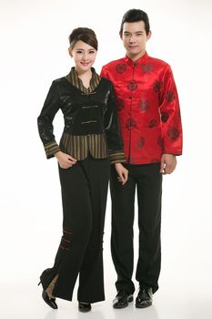 Wearing Chinese clothing waiter in front of a white background