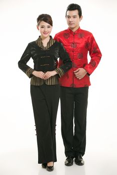 Wearing Chinese clothing waiter in front of a white background