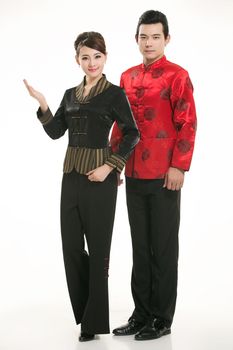 Wearing Chinese clothing waiter in front of a white background