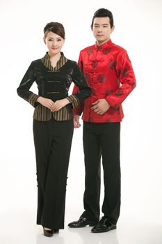 Wearing Chinese clothing waiter in front of a white background