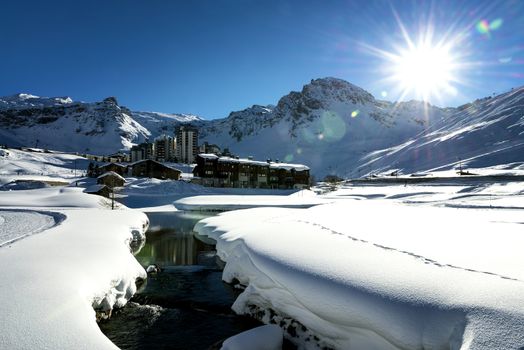 Llandscape and ski resort in French Alps,Tignes, Le Clavet, Tarentaise, France 