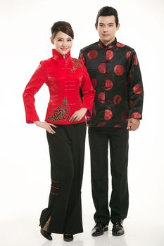 Wearing Chinese clothing waiter in front of a white background