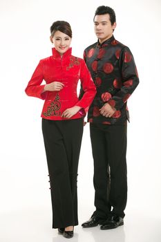 Wearing Chinese clothing waiter in front of a white background