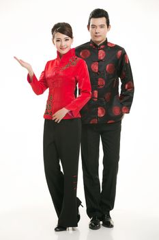 Wearing Chinese clothing waiter in front of a white background