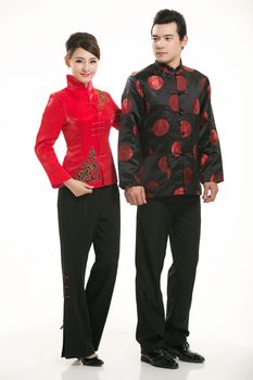 Wearing Chinese clothing waiter in front of a white background