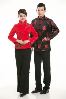 Wearing Chinese clothing waiter in front of a white background