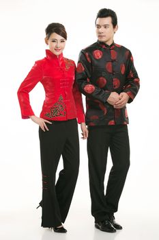 Wearing Chinese clothing waiter in front of a white background