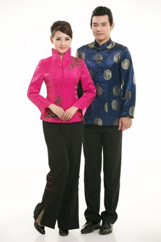 Wearing Chinese clothing waiter in front of a white background