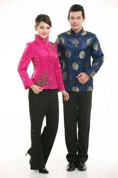 Wearing Chinese clothing waiter in front of a white background