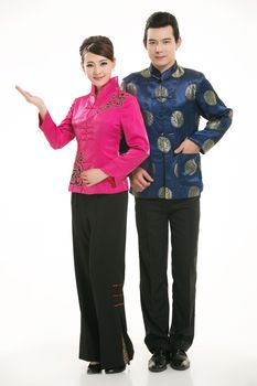 Wearing Chinese clothing waiter in front of a white background