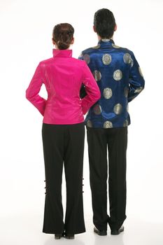 Wearing Chinese clothing waiter in front of a white background