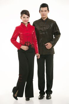 Wearing Chinese clothing waiter in front of a white background