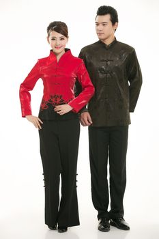 Wearing Chinese clothing waiter in front of a white background