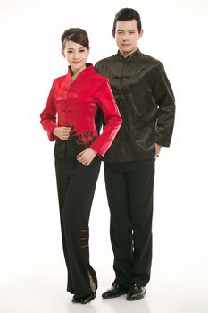 Wearing Chinese clothing waiter in front of a white background