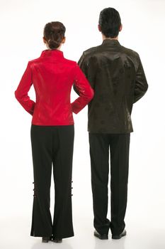 Wearing Chinese clothing waiter in front of a white background