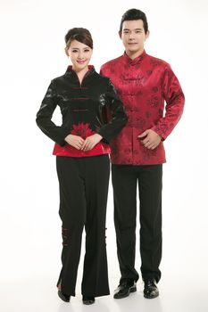 Wearing Chinese clothing waiter in front of a white background