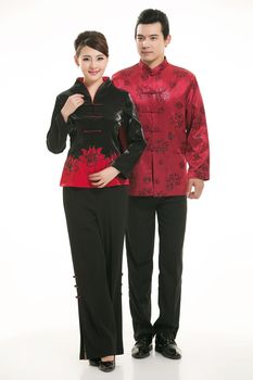 Wearing Chinese clothing waiter in front of a white background