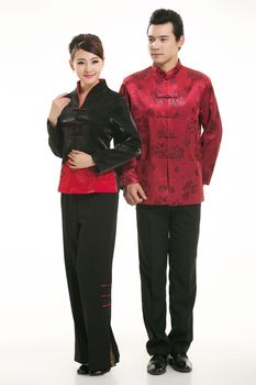 Wearing Chinese clothing waiter in front of a white background