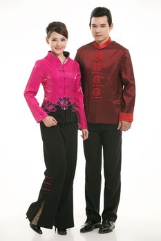 Wearing Chinese clothing waiter in front of a white background