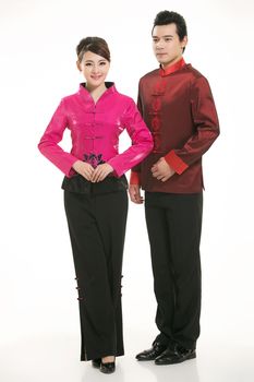 Wearing Chinese clothing waiter in front of a white background