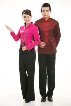 Wearing Chinese clothing waiter in front of a white background