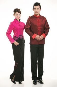 Wearing Chinese clothing waiter in front of a white background