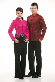 Wearing Chinese clothing waiter in front of a white background