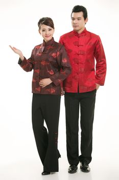 Wearing Chinese clothing waiter in front of a white background