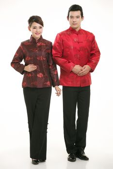 Wearing Chinese clothing waiter in front of a white background