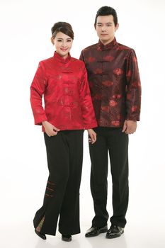 Wearing Chinese clothing waiter in front of a white background