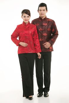 Wearing Chinese clothing waiter in front of a white background