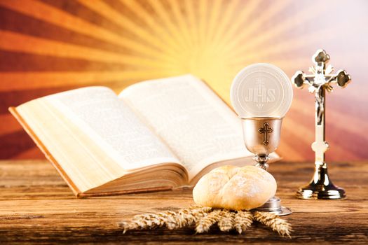 Communion wafer, bright background, saturated concept