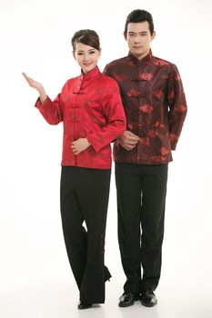 Wearing Chinese clothing waiter in front of a white background