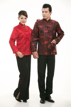 Wearing Chinese clothing waiter in front of a white background