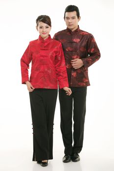 Wearing Chinese clothing waiter in front of a white background