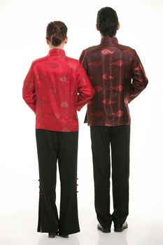 Wearing Chinese clothing waiter in front of a white background